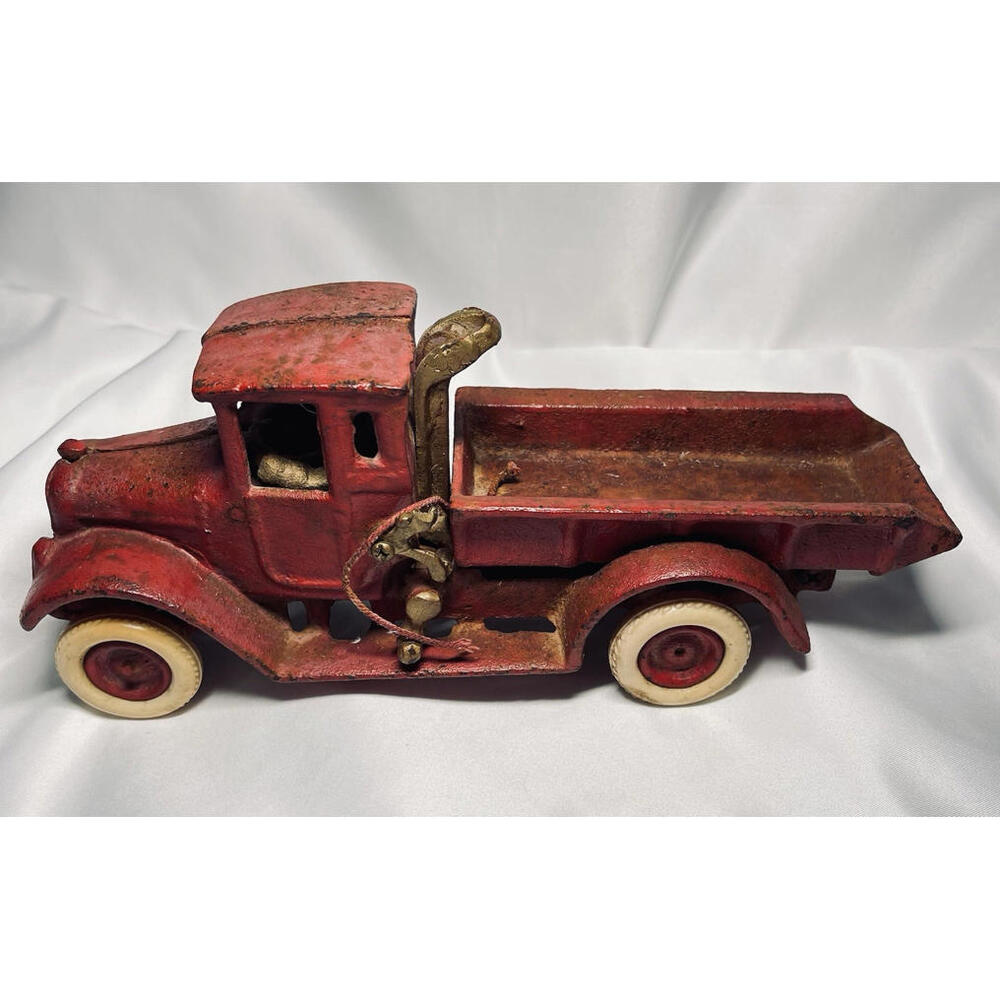 1930s Arcade Mfg Co. Heavy Cast Iron Red Dump Truck White Rubber Wheels